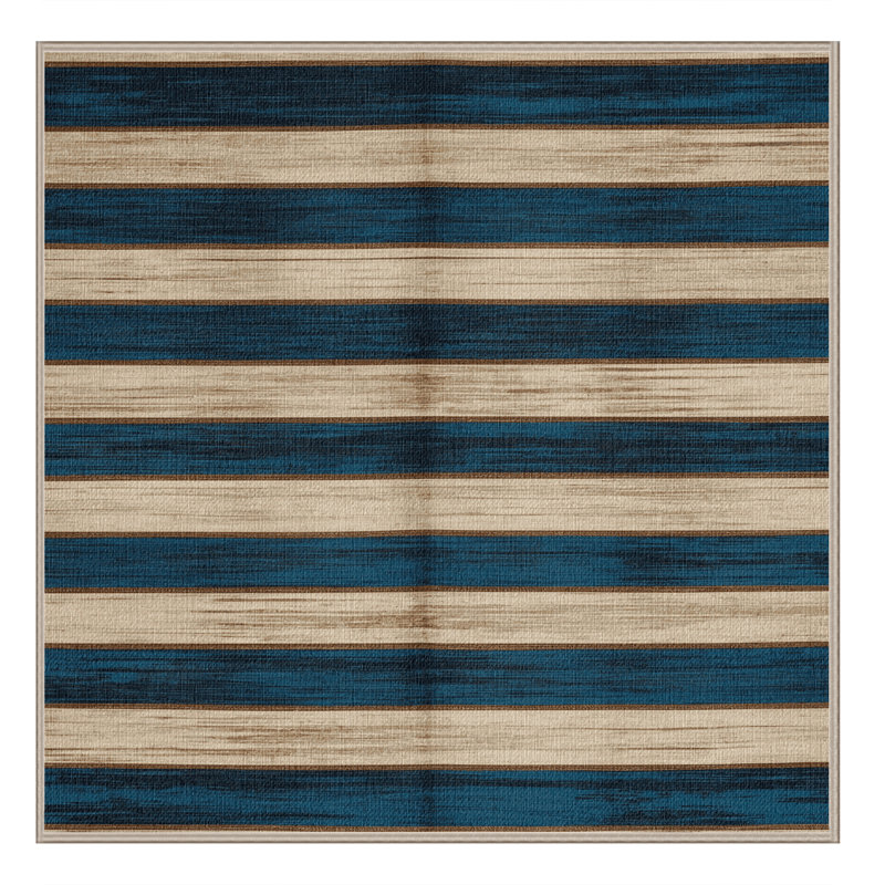 Washable Steel Blue Cream Striped Area Rug, Square 3'