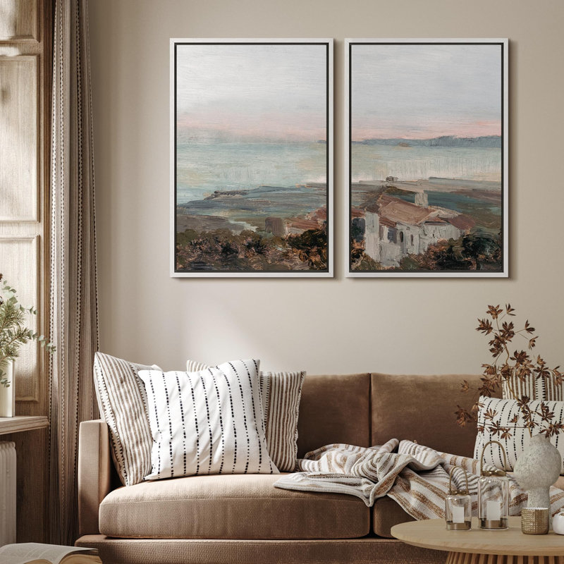 «Seaside Town At Sunset Tranquil Coastal Landscape Nature Wilderness Illustration Decor Scenic», 2 pièces sur toile