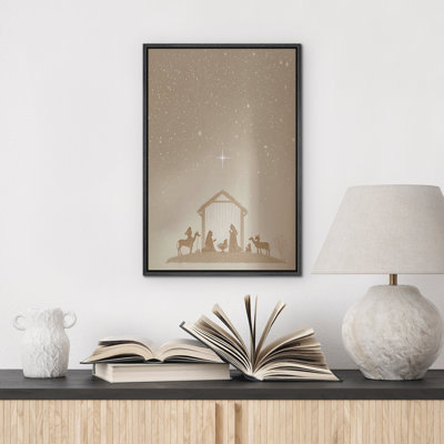 Rustic Stable Nativity Scene with Animals Under Night Sky Framed Canvas Master Bedroom Wall Art Work Print