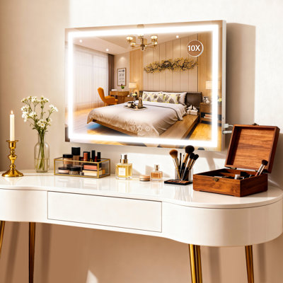 Large Rectangle LED Metal Mirror，Tabletop or Wall‑Mount Bathroom Mirror