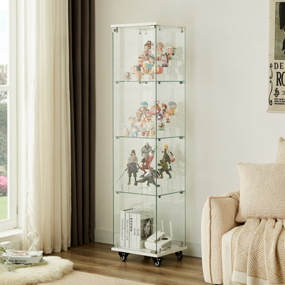 Vitrine en verre avec 4 tablettes et serrure, vitrine vitrée avec roulettes et 3 tablettes en acrylique sur pied, 15,8 po x 14,2 po x 65,1 po