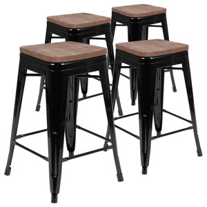 Gladus 24" High Backless Clear Coated Metal Counter Height Stool - Square Wood Seat set of 2 chair 