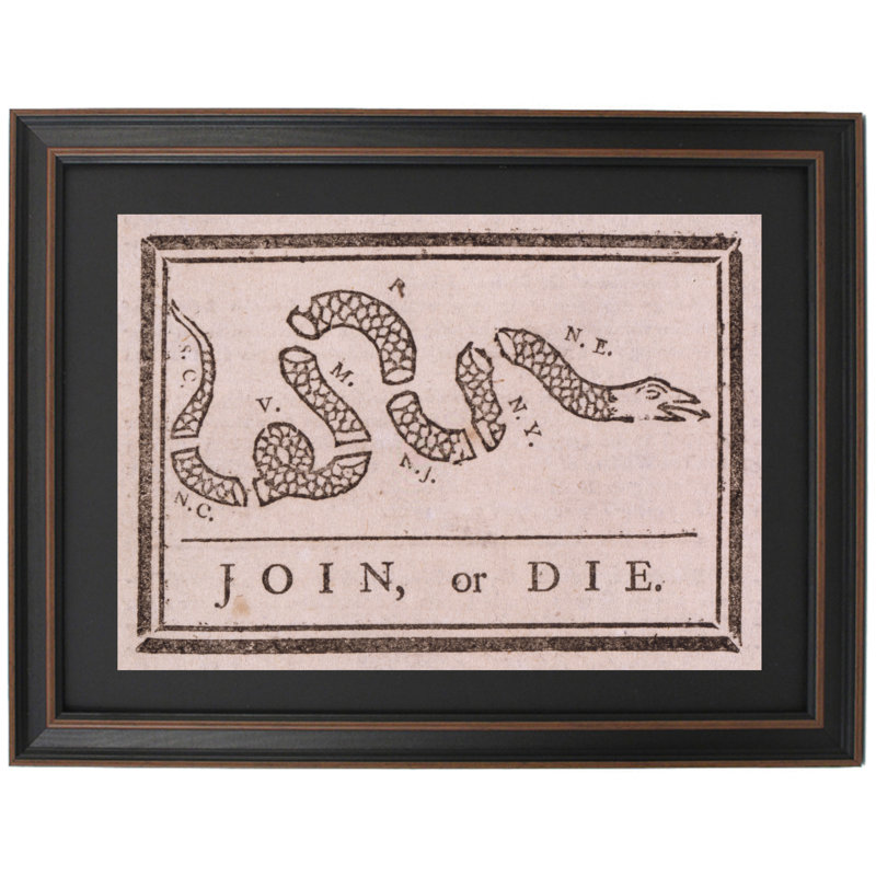 Joindre ou mourrir, dessin de serpent 1754 par Benjamin Franklin | Reproduction encadrée, H 17 po x l 24 po