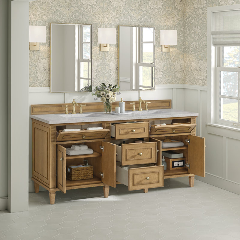 Lorelai 72'' Double Bathroom Vanity with Top, Light Natural Oak, Eternal Jasmine Pearl, 8" Widespread