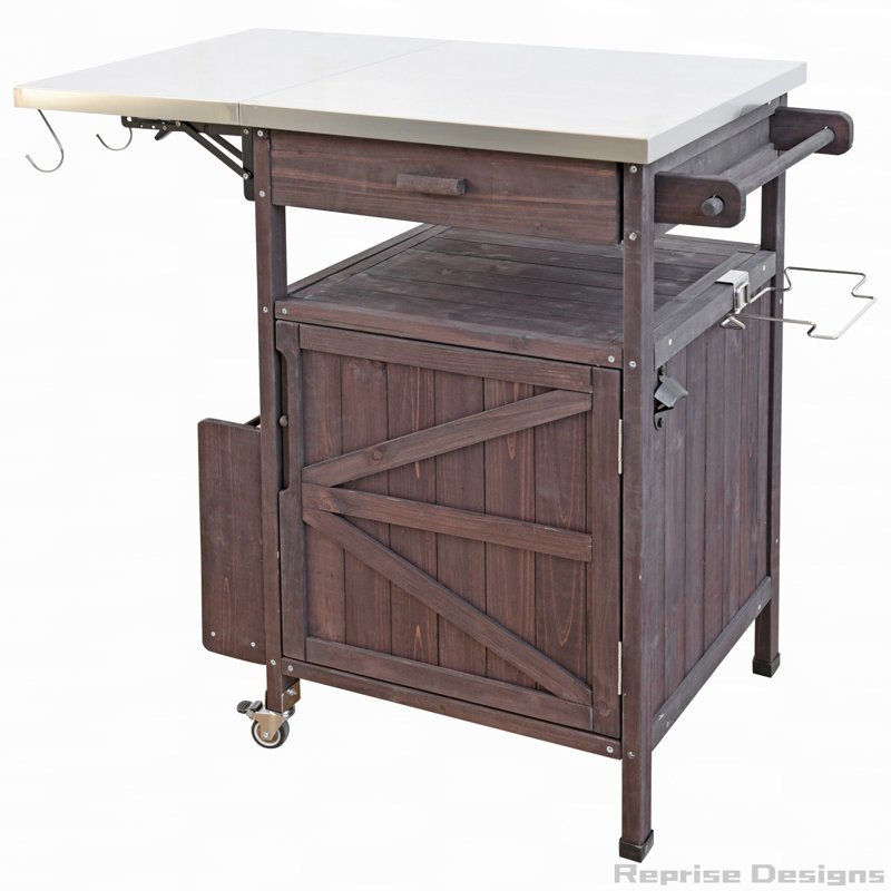 Chariot de barbecue extérieur avec plateau en acier inoxydable et abattant, Brun