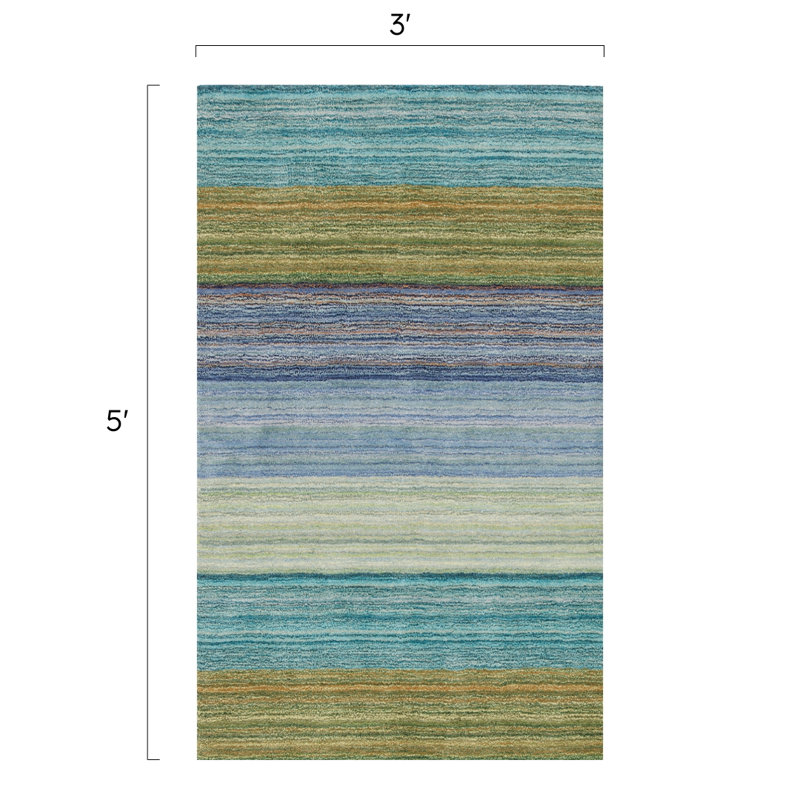 Brushstroke Striped Handmade Tufted Wool Dark Blue/Yellow Area Rug, Rectangle 3' x 5'