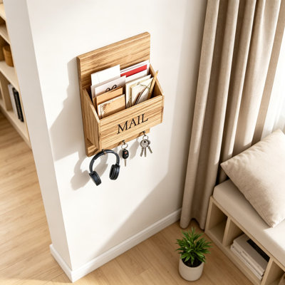 Organisateur de courrier en bois avec porte-clés mural, trieur de courrier mural avec crochets, porte-clés et porte-courrier décoratif en bois pour entrée, style rustique.