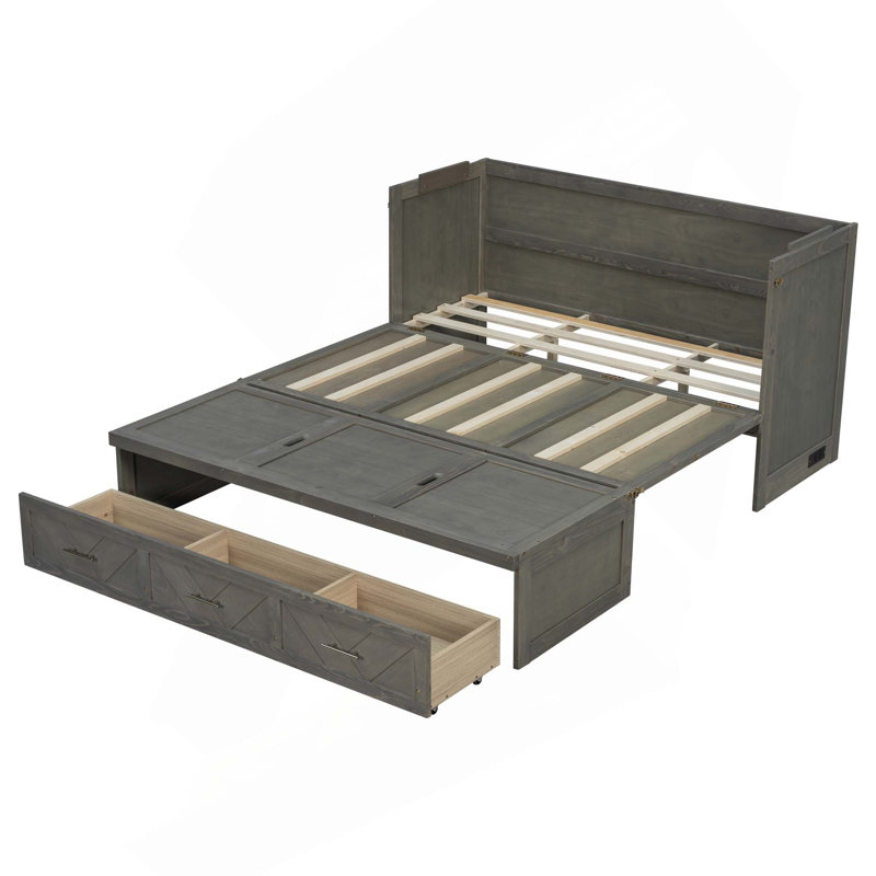 Lit escamotable en bois de pin avec station de charge USB intégrée et panneau de décoration géométrique, Gris antique