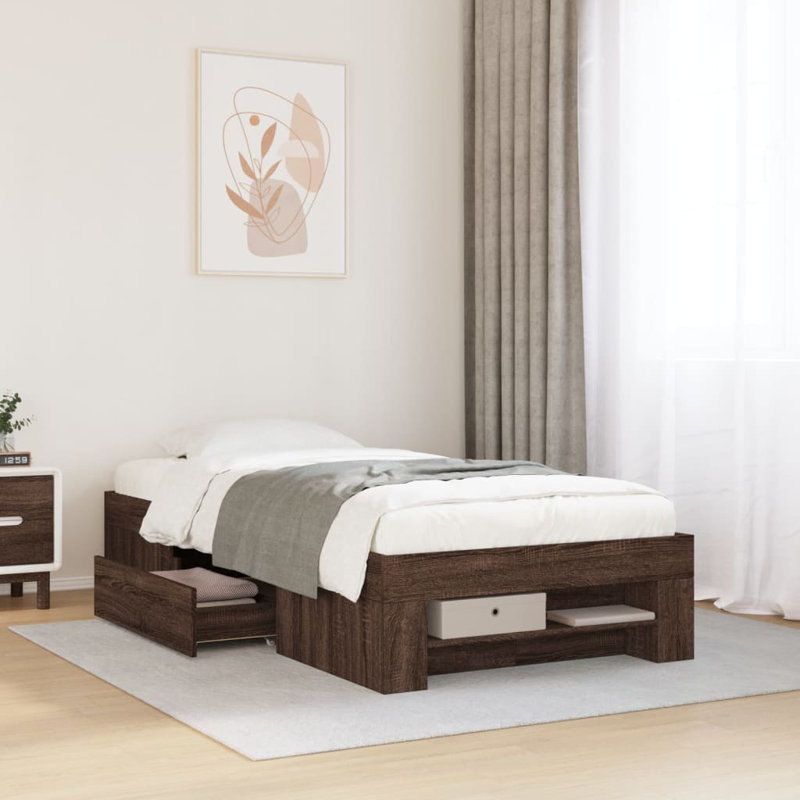 Storage Bed, Brown Oak, European Single (90 x 200 cm)