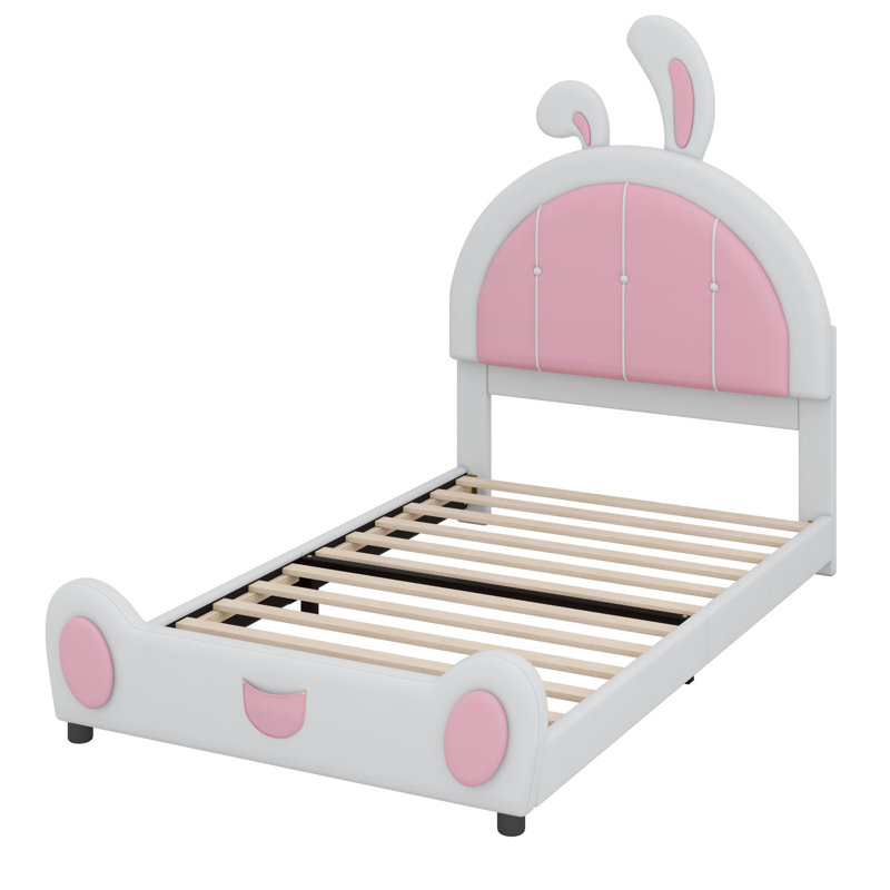 Lit plateforme tapissier avec tête de lit en forme de lapin, blanc