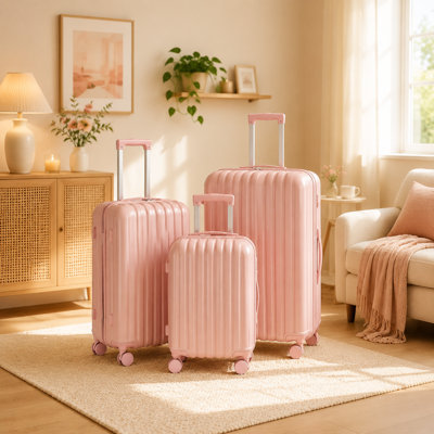 3-Piece ABS Spinner Luggage Set– Lightweight Carry-On with Cup&Phone Holder, USB Port, Pink–Gift Ideas for Mom & Family Travel, Kid's Suitcase