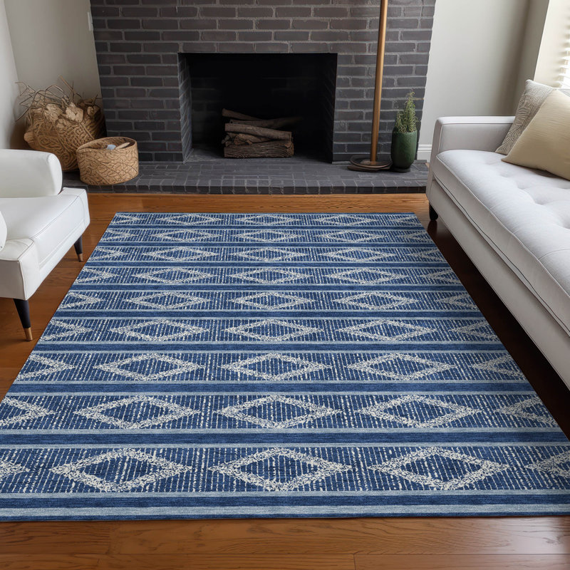 Navy Diamond Pattern Washable Synthetic Rug 2'6" x 3'10"