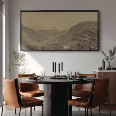 Grand art mural encadré sur toile - Paysage de vallée de montagne sépia avec rivière et collines lointaines - 60 po x 20 po, 60 po x 30 po