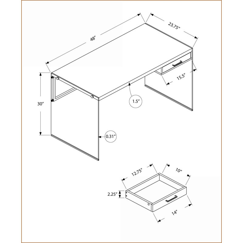 Bureaux: Bureau d'ordinateur moderne de 48 po avec tiroir de rangement, stratifié blanc brillant et verre trempé transparent | Blanc | Panneau de particules