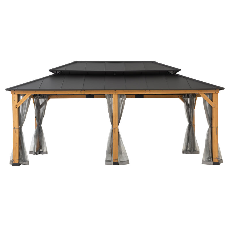 Pavillon de jardin en bois 12 pi x 20 pi Sunjoy, pavillon de jardin extérieur en acier à toit rigide, pavillon de jardin en bois avec cadre en cèdre avec toit en métal à 2 niveaux, convient aux patios, à la pelouse et à la cour arrière