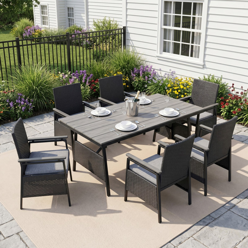 7-Piece All-Weather Aluminum Outdoor Dining Set with 63" WPC Table, 6 PE Rattan Dining Chairs & Cushions, 6, Charcoal     