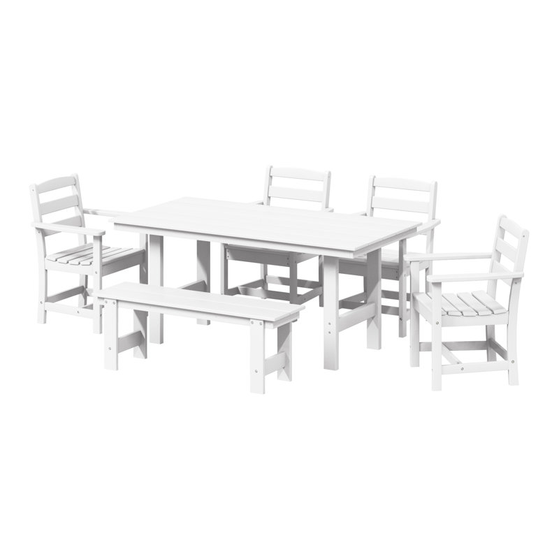 6-Piece Arm Chair Dining Set With Bench, White, 6 Pieces: Table, Bench, 4 Chairs