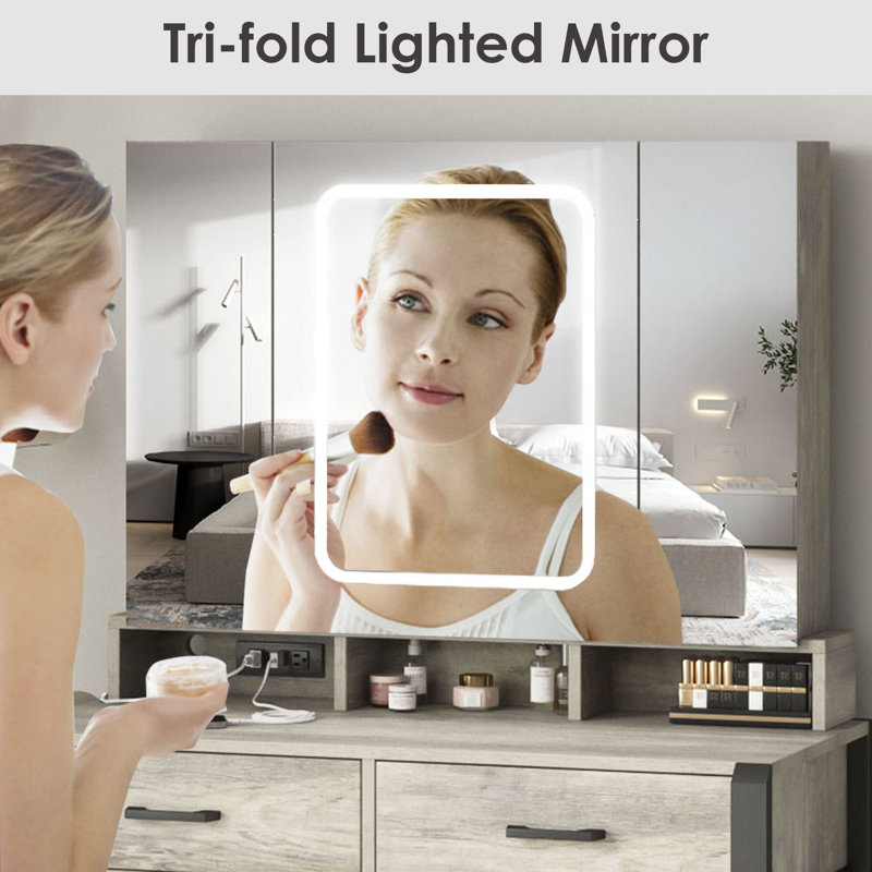 Tri-Fold Mirror Makeup Vanity Table with Lights