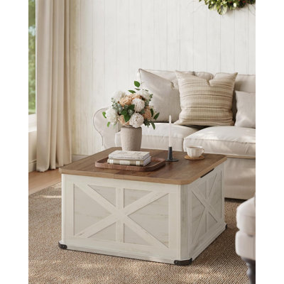 Table basse de style campagnard avec rangement, table de salon carrée avec couvercle rabattable, design rustique pour la décoration intérieure