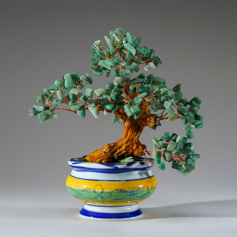 Genuine Green Aventurine Gemstone Bonsai Tree in Round Ceramic Pot (8.5")
