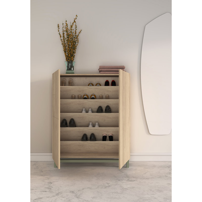 18 Pair Shoe Storage Cabinet, Light Oak/Green