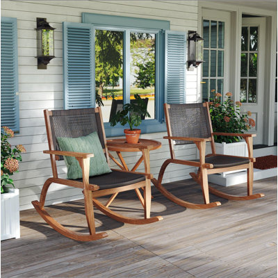 Ensemble de chaises berçantes de patio 2 pièces, chaises berçantes d'extérieur en bois d'acacia avec siège et dossier en osier et rotin, chaises de jardin confortables pour la cour, le balcon et la piscine
