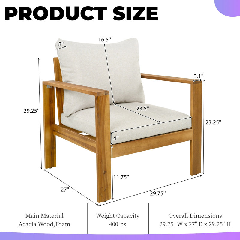 Chaise d'extérieur pour l'extérieur, coussins hydrofuges en bois d'acacia facile à assembler, 2pc