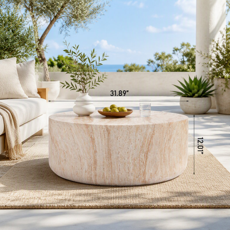 Table basse tambour en faux travertin discret