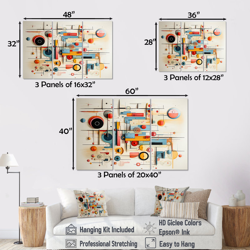 Ensemble d'art mural géométrique rétro Mid Century, Toile tendue, H 40 po x l 60 po x P 1 po