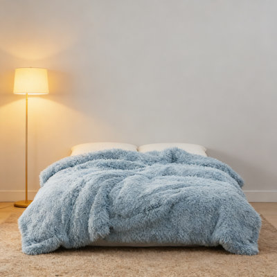 Light Blue Faux Fur Queen Blanket, Soft Sherpa 90X90 For Bed