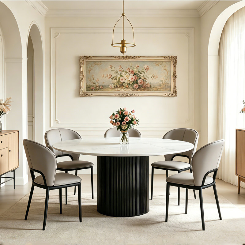 59 Inch Round Sintered Stone Dining Table Set with 6 Upholstered Chairs, Circular Dinner Table with Fluted Pedestal Base for Home Dining Room