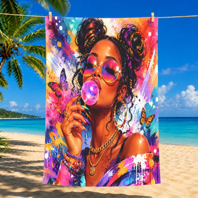 1PCS vibrant pop art beach towel, featuring a stylish woman blowing bubble and colorful butterflies, perfect for trips, swimming, travel, showcasing bold graphic design summer vibes.