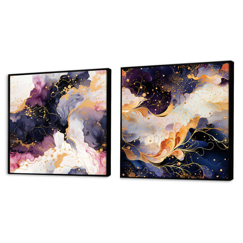 Indira - Ensemble de 2 collages carrés abstraits, Cadre flottant noir, H 36 po x l 73 po