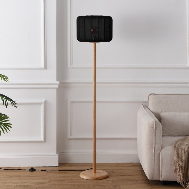 Lampe sur pied à DEL Maryna de 59,5 po, de style minimaliste moderne, en bois avec abat-jour cocon côtelé en forme de citrouille