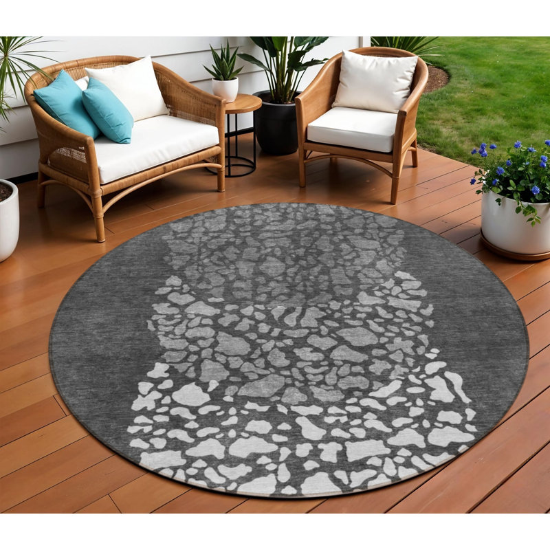 Tapis d'intérieur rond lavable abstrait gris anthracite et argent 8 pi