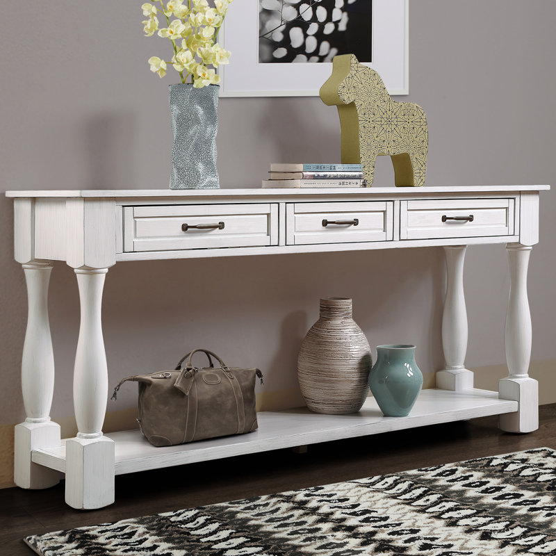 Console de 63 po pour le couloir, en bois massif, 3 tiroirs et 1 tablette, blanc antique, table portante stable, table Mid-Century avec une grande capacité de rangement