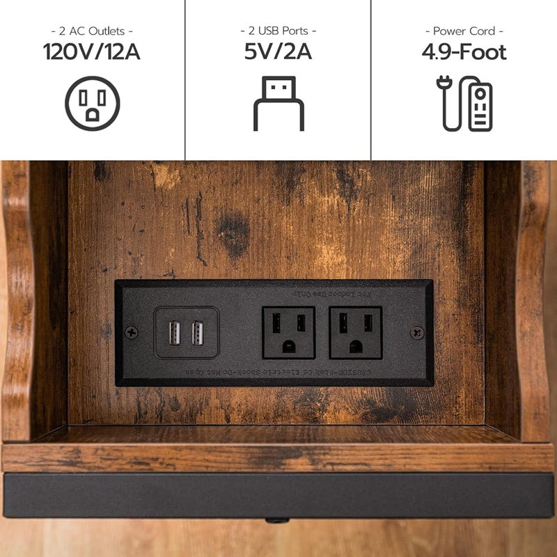 Table de bout avec station de charge, table d'appoint étroite, table de chevet rabattable avec ports et prises USB, tables de chevet avec tablette pour petits espaces, salon, brun rustique BF341BZ01