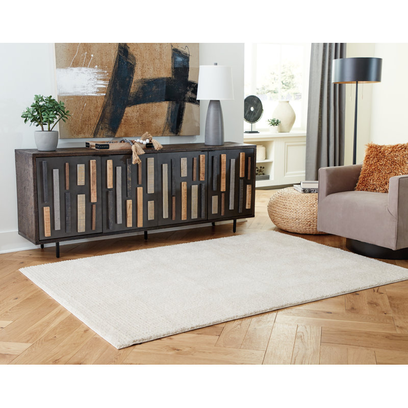 Sethmond Contemporary Ivory Striped Medium Synthetic Area Rug