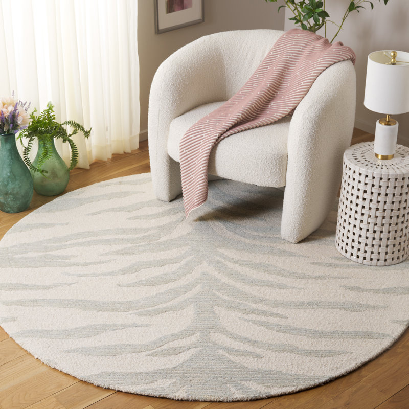 Tapis ivoire / vert en coton touffeté à la main Jerramy, Rond 6 pi