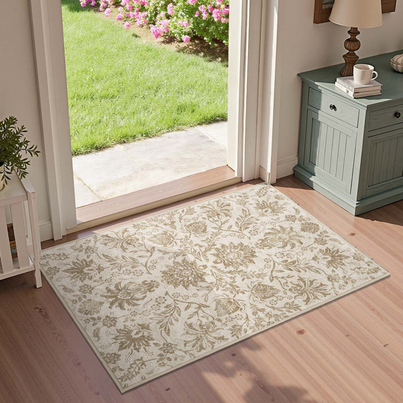 Geometric Floral Washable Non-Slip Area Rug, Timeless Taupe, 2'x 3'