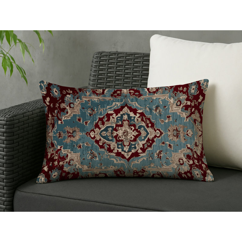 Coussin décoratif intérieur et extérieur Modern, Sarcelle clair / bleu turquoise / beige damassé, Rectangle H 20 po x l 14 po