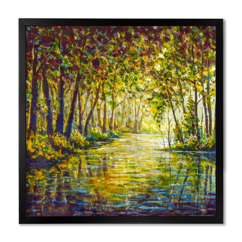 Sunny Autumn Forest River II - peinture, H 16 po x l 16 po x P 1 po, Cadre photo noir