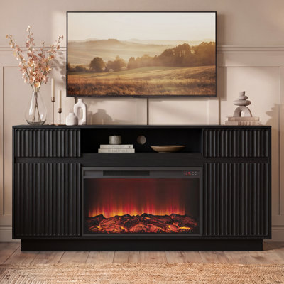 Meuble télé 63,9 po cannelé noir avec foyer électrique de 30 po, meuble multimédia avec tablettes et tiroirs, radiateur 1500 W, convient aux téléviseurs de 70 po et buffet