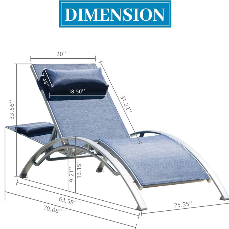 2 chaises longues d'extérieur bleues avec coussin réglable et détachable pour 2 chaises longues inclinables