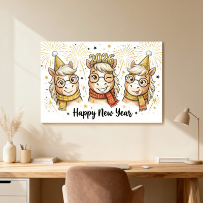 Animals Three Horses Wearing Party Hats And Scarves