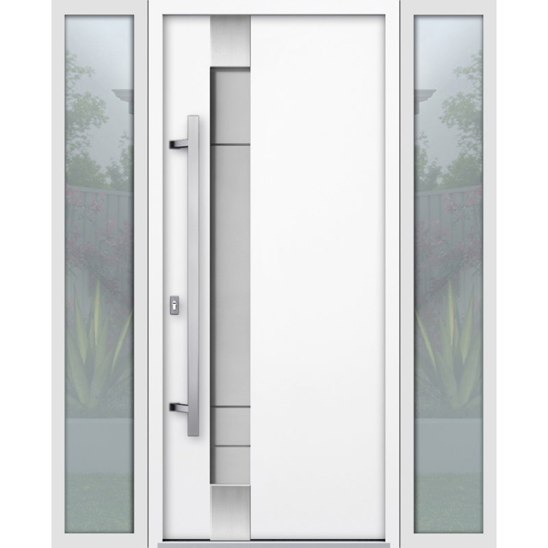 Porte avant en acier pré-suspendue à l'avant / deux en émail blanc 1713/2 fenêtres extérieures latérales noires / inserts en acier inoxydable simples peints de style moderne - l 16 + 36 + 16 po x H 80 po - À droite