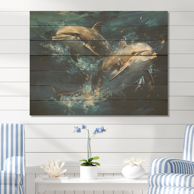 Blue Dancing Dolphines III - Animaux dauphin sur bois, H 34 po x l 44 po x P 0,78 po