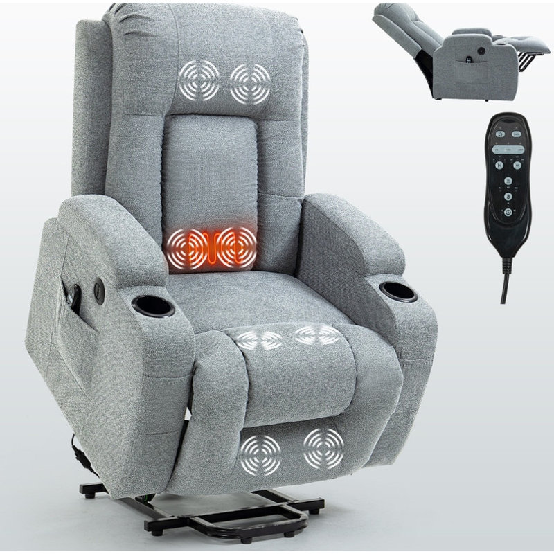Infinite Position Single Motor Power Lift Recliner - 350 LBS Capacity, 8-Point Vibration Massage with Lumbar Heating, USB Port & Cup Holders