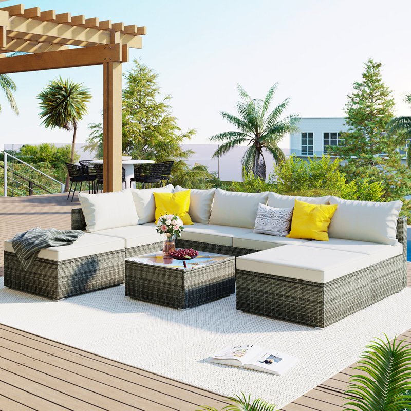 Ensemble de mobilier d'extérieur 8 pièces, ensemble de conversation en osier de jardin, canapé simple combinable, coussins en osier