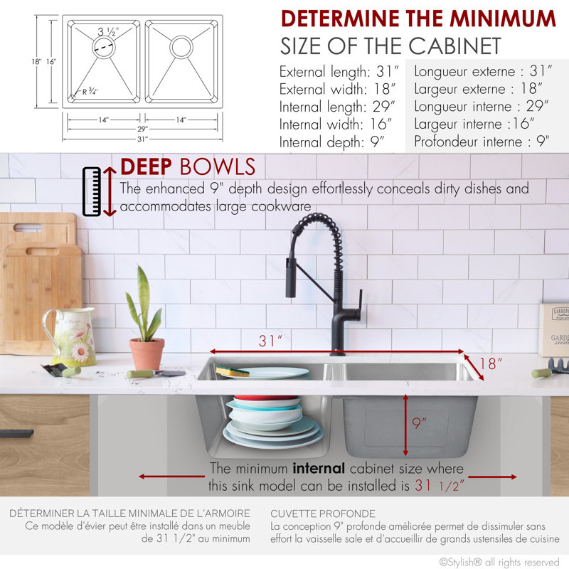 Stylish Dual Mount 31" Double Bowl Stainless Steel Kitchen Sink with Grids and Strainers